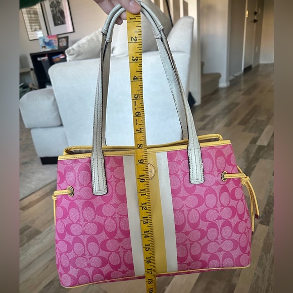 Coach Signature 'C' Legacy Striped Tote Bag Satchell Pink and Yellow - Picture 10 of 16